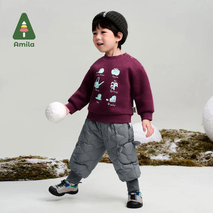 Amila Baby Down Pants 2024 Winter New Style Girls Solid Color Duck Down Three-Proof Fabric Warm Loose Casual Children’s Trousers