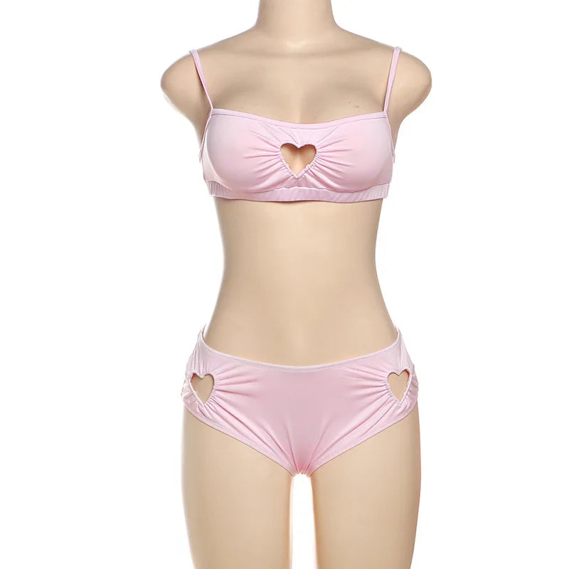 VEITCHE Summer Women Sweet Pink Hollowed-out Heart Two Piece Set  Girl Vacation Bikini High Stretch Swimsuit Clubwear Outfit