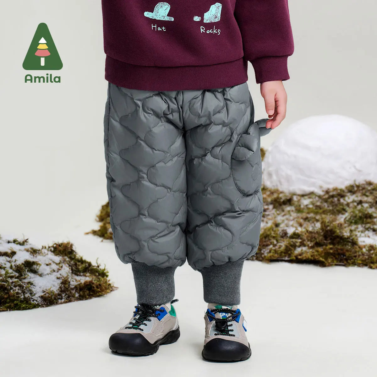 Amila Baby Down Pants 2024 Winter New Style Girls Solid Color Duck Down Three-Proof Fabric Warm Loose Casual Children’s Trousers