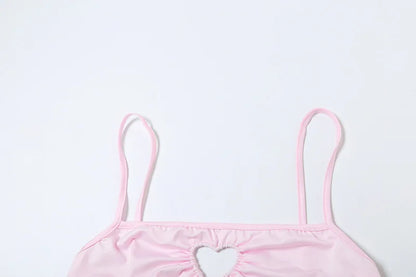 VEITCHE Summer Women Sweet Pink Hollowed-out Heart Two Piece Set  Girl Vacation Bikini High Stretch Swimsuit Clubwear Outfit
