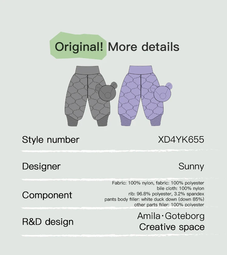 Amila Baby Down Pants 2024 Winter New Style Girls Solid Color Duck Down Three-Proof Fabric Warm Loose Casual Children’s Trousers