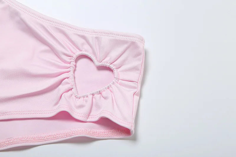 VEITCHE Summer Women Sweet Pink Hollowed-out Heart Two Piece Set  Girl Vacation Bikini High Stretch Swimsuit Clubwear Outfit