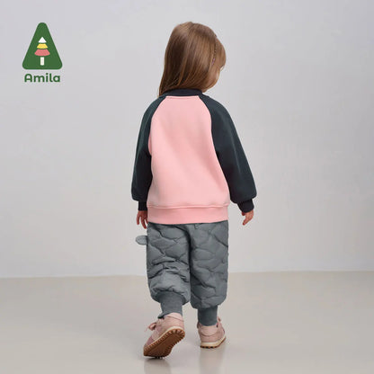Amila Baby Down Pants 2024 Winter New Style Girls Solid Color Duck Down Three-Proof Fabric Warm Loose Casual Children’s Trousers