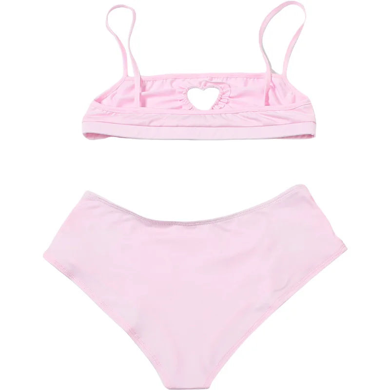 VEITCHE Summer Women Sweet Pink Hollowed-out Heart Two Piece Set  Girl Vacation Bikini High Stretch Swimsuit Clubwear Outfit