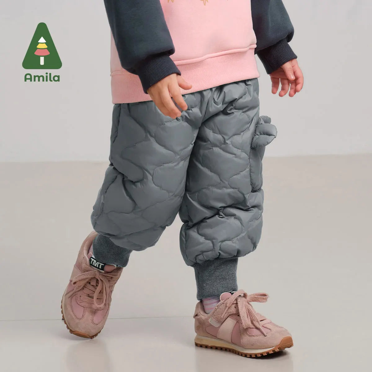 Amila Baby Down Pants 2024 Winter New Style Girls Solid Color Duck Down Three-Proof Fabric Warm Loose Casual Children’s Trousers