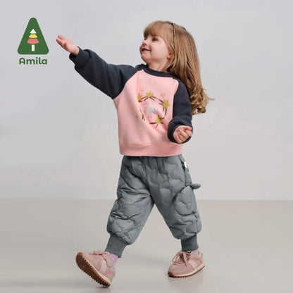 Amila Baby Down Pants 2024 Winter New Style Girls Solid Color Duck Down Three-Proof Fabric Warm Loose Casual Children’s Trousers