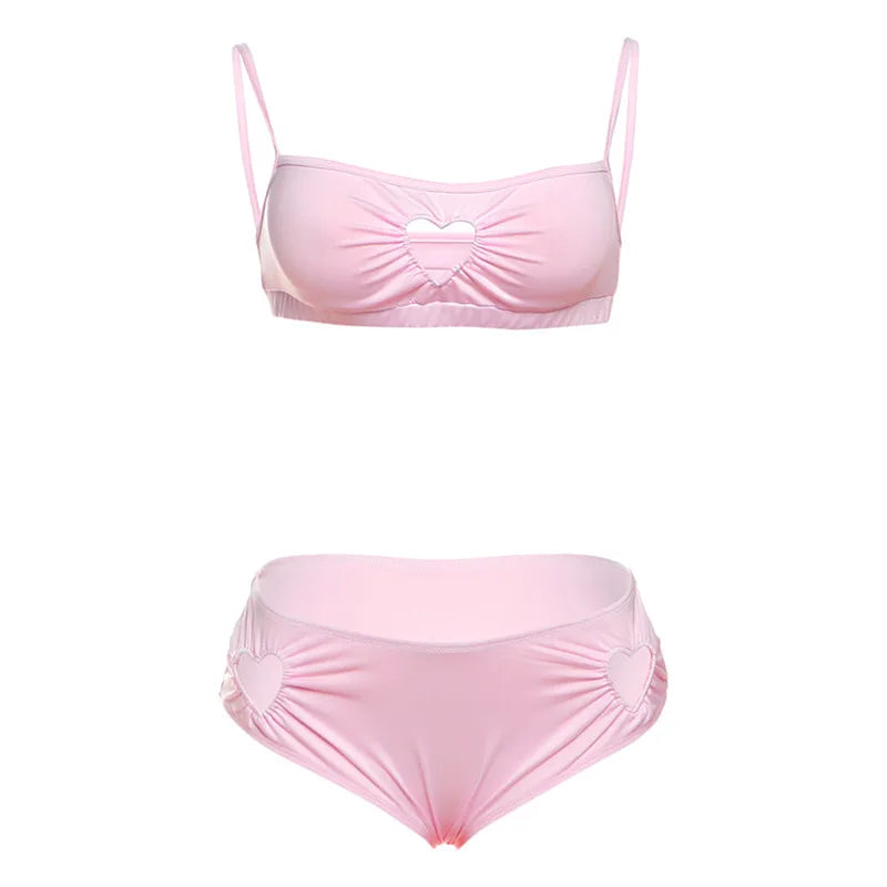 VEITCHE Summer Women Sweet Pink Hollowed-out Heart Two Piece Set  Girl Vacation Bikini High Stretch Swimsuit Clubwear Outfit
