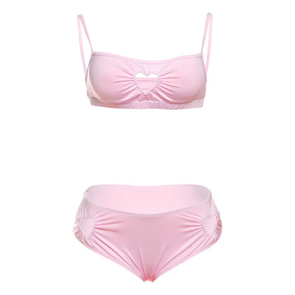VEITCHE Summer Women Sweet Pink Hollowed-out Heart Two Piece Set  Girl Vacation Bikini High Stretch Swimsuit Clubwear Outfit