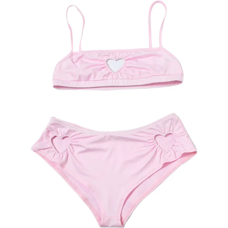 VEITCHE Summer Women Sweet Pink Hollowed-out Heart Two Piece Set  Girl Vacation Bikini High Stretch Swimsuit Clubwear Outfit